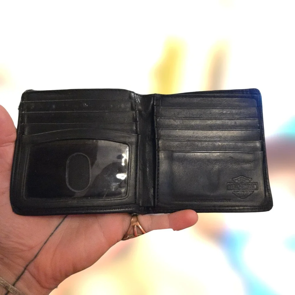 Harley Davidson Wallet Biker Motorcycle Black Leather Metal Logo Bifold GUC Moto